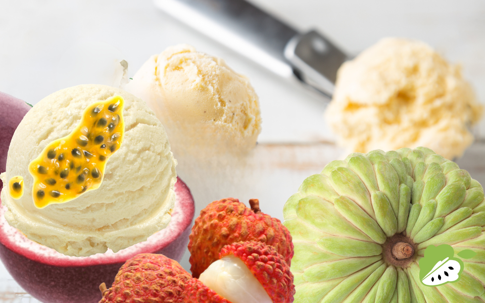 Custard Apple Ice Cream with Passionfruit Syrup &amp; Lychee Jelly 