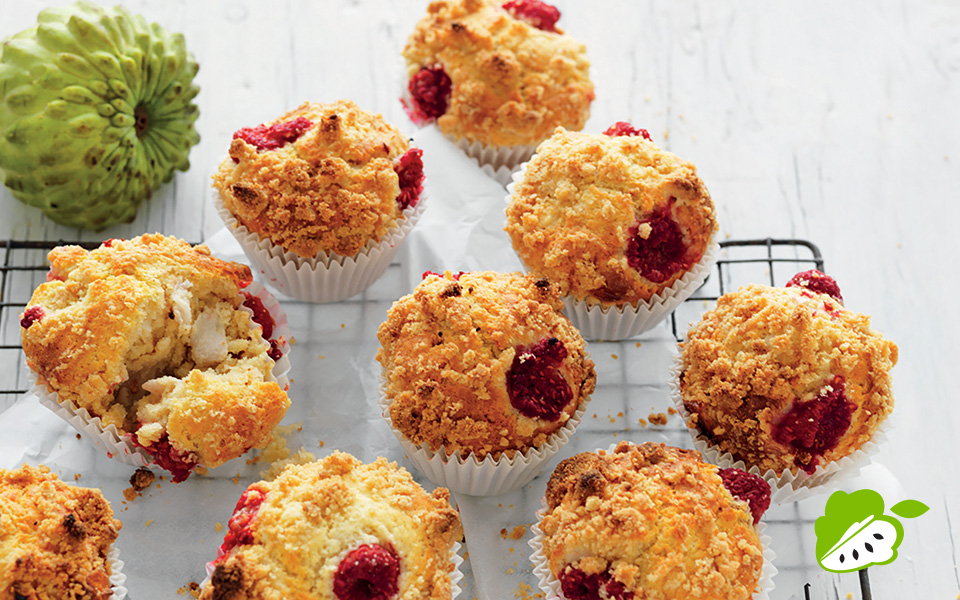Custard Apple & Raspberry Crumble Muffins